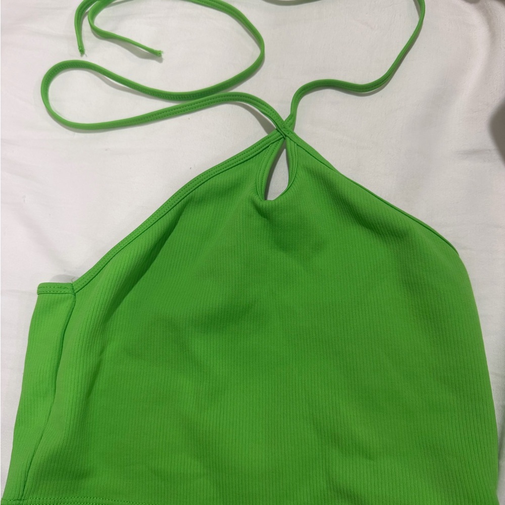 Bright Green Ribbed Halter Crop Top - Picture 2 of 3
